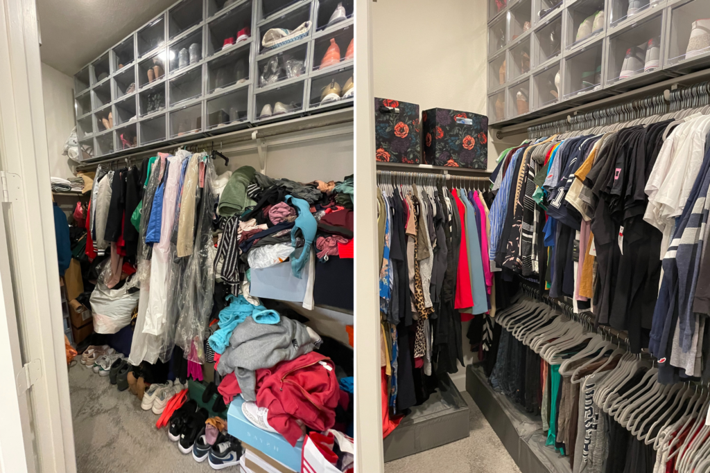 organized closet, before and after