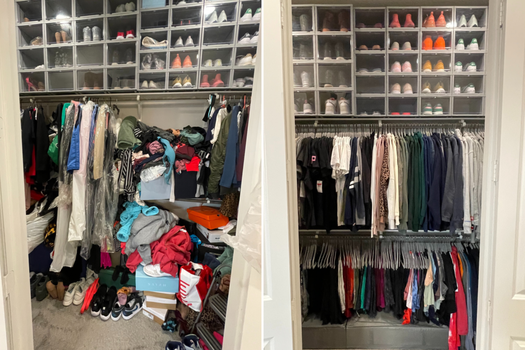 organized closet, before and after