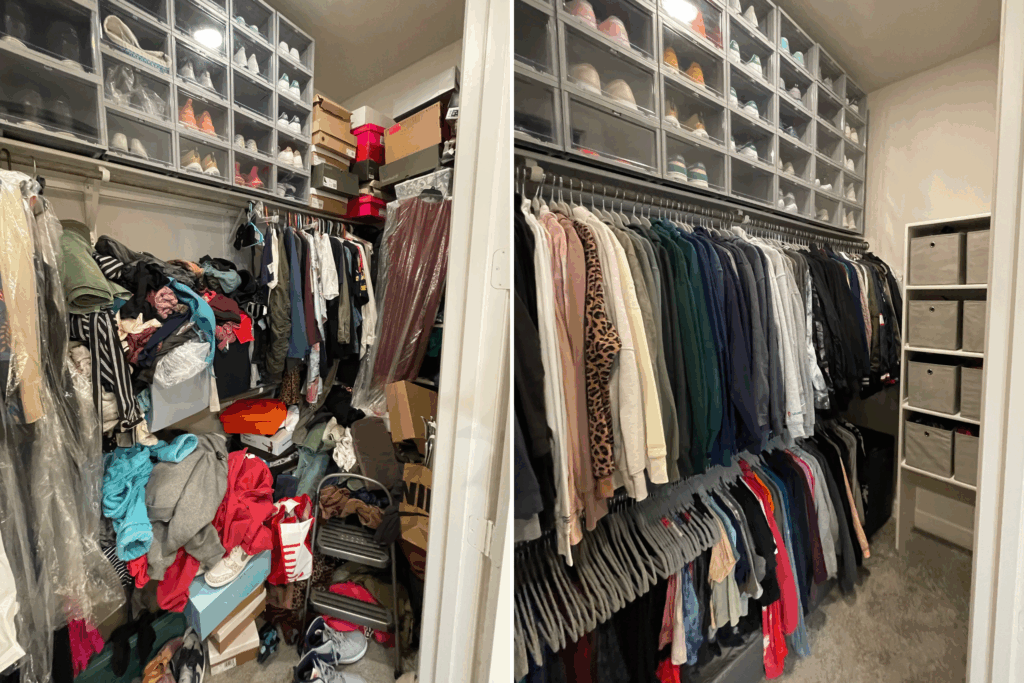 Disorganized closet before & after professional organizing in Allen TX — Organized Boutique