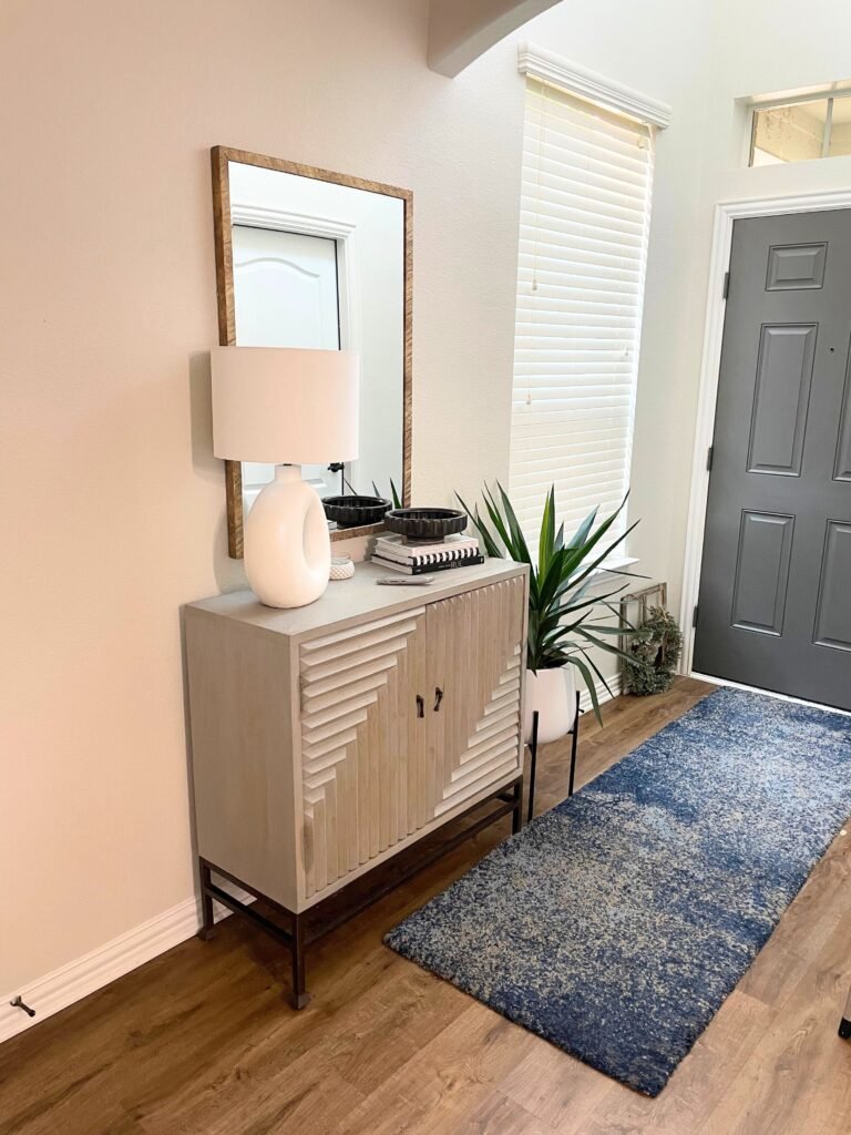 Organized entryway with shoe storage and a basket for pet leash, treats and toys in an Allen TX home