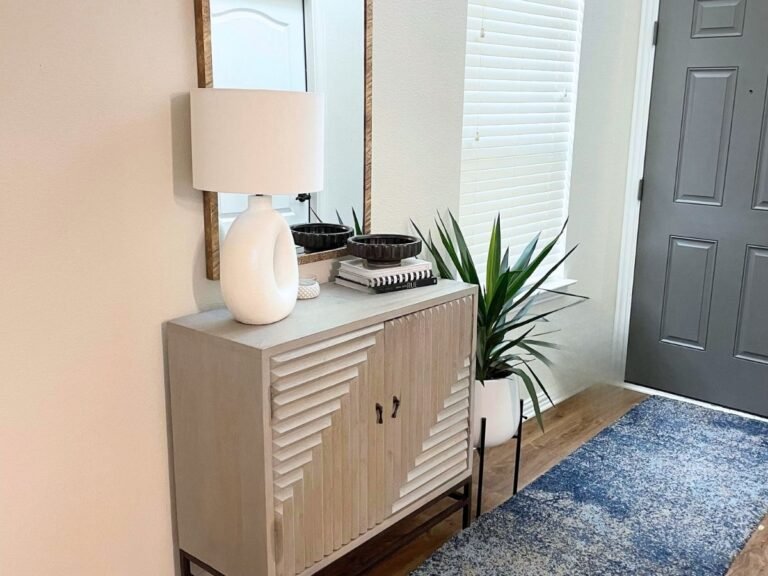 Organized entryway with shoe storage and a basket for pet leash, treats and toys in an Allen TX home